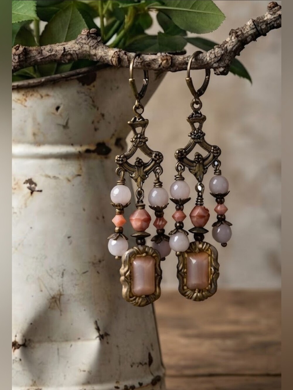 Victorian Rustic Cottagecore Pink Glass Chandelier Earrings In Brass